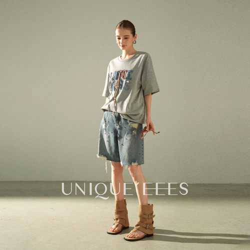 尢壹/UNIQUE'EEES【时髦尖子生】水钻毛边五分牛仔裤U6214710