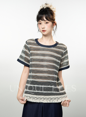 尢壹/UNIQUE'EEES 圆领条纹镂空气质短袖T恤U5211017