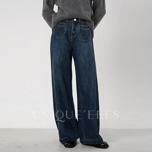 U5514213 EEES复古高腰双口袋垂感显瘦直筒阔腿牛仔裤 尢壹 UNIQUE