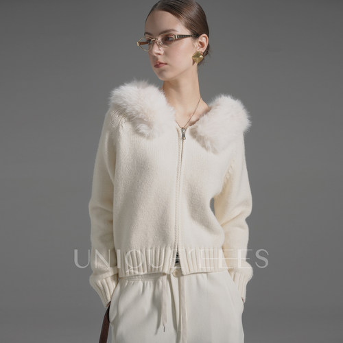 尢壹/UNIQUE'EEES【氛围神器】高级感毛领连帽针织衫U5508202