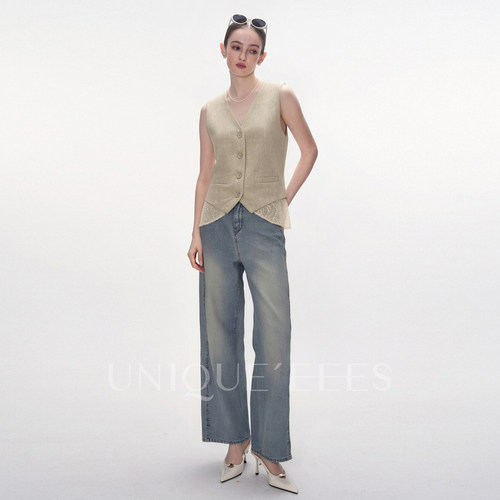 尢壹/UNIQUE'EEES【挑剔的主编】老钱亮片蕾丝绑带马甲U6207001