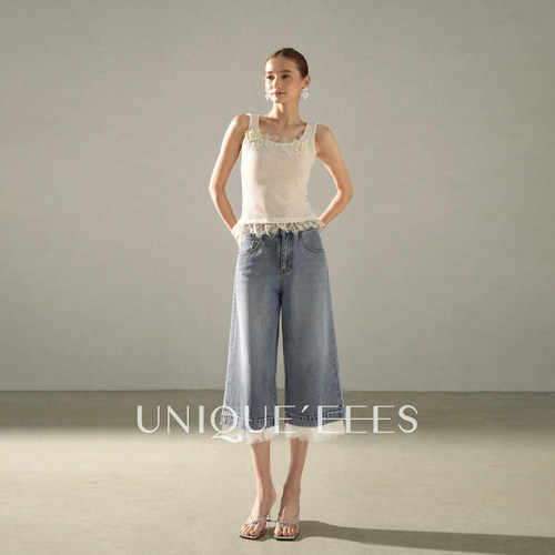【参加】尢壹/UNIQUE'EEES【蕾丝风尚】拼接七分阔腿裤U6214722