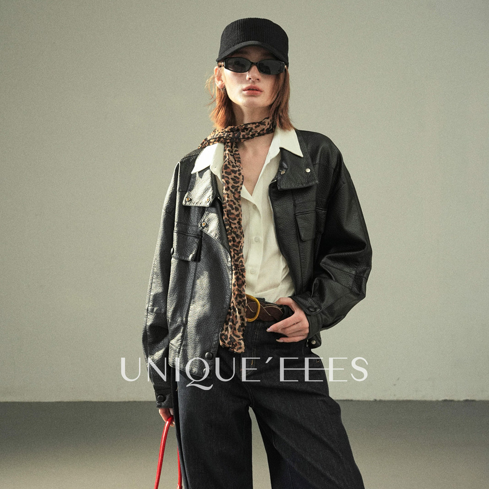 尢壹/UNIQUE'EEES【智性酷】美式复古荔枝纹工装PU皮外套U6318120