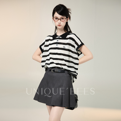 【参加】尢壹撞色绣花条纹POLO领T恤U5211045