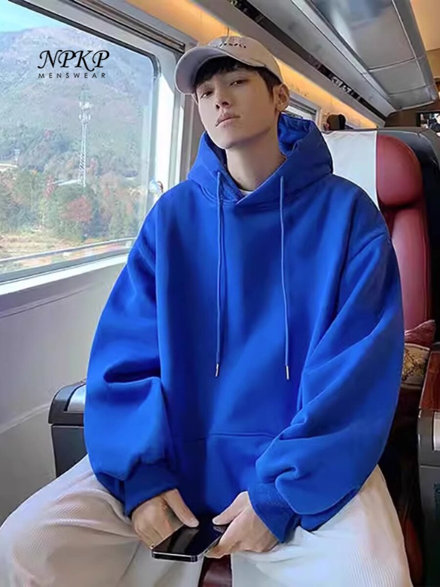 克莱因蓝卫衣男春秋季新款宽松大码连帽外套潮流加绒加厚休闲上衣