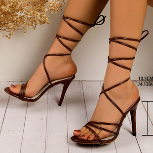35-43码 大码女鞋41夏季新款10cm高跟鞋42性感细跟露趾绑带凉鞋女