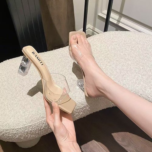 35-45大码女鞋41透明性感高跟鞋43气质网红一字拖42方头水晶凉鞋