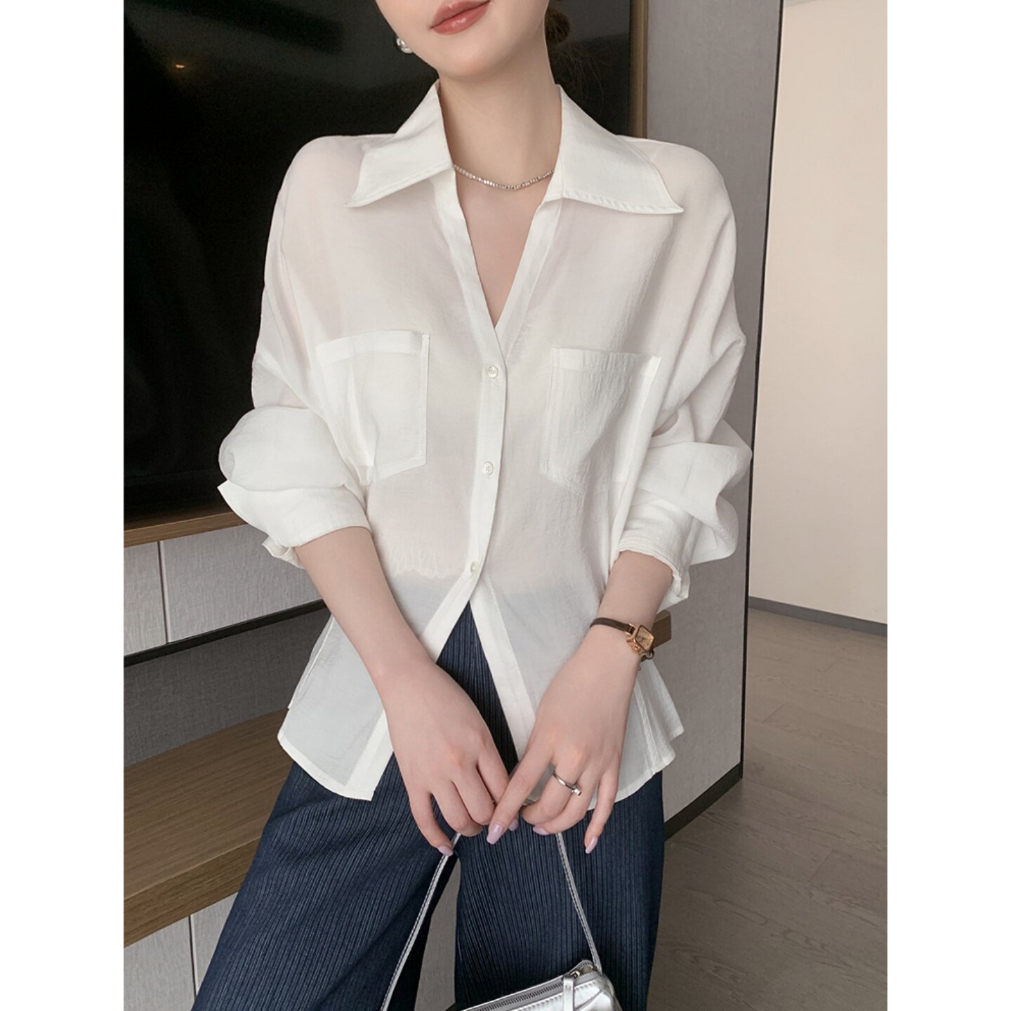 韩国白色polo领衬衫女长袖秋季2026年新宽松显瘦时尚百搭休闲上衣