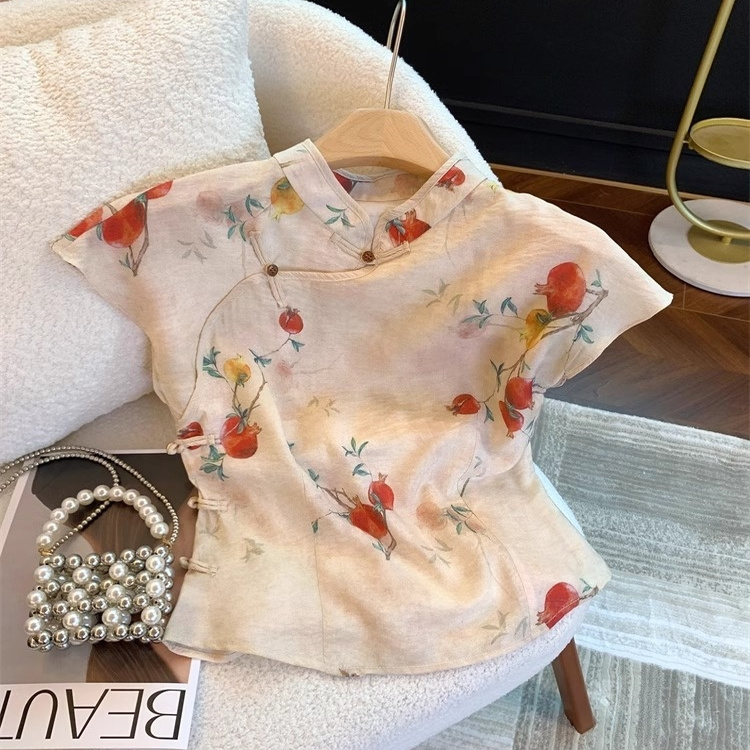 新中式国风小飞袖衬衫女装夏款盘扣坎肩改良旗袍领碎花小衫小上衣