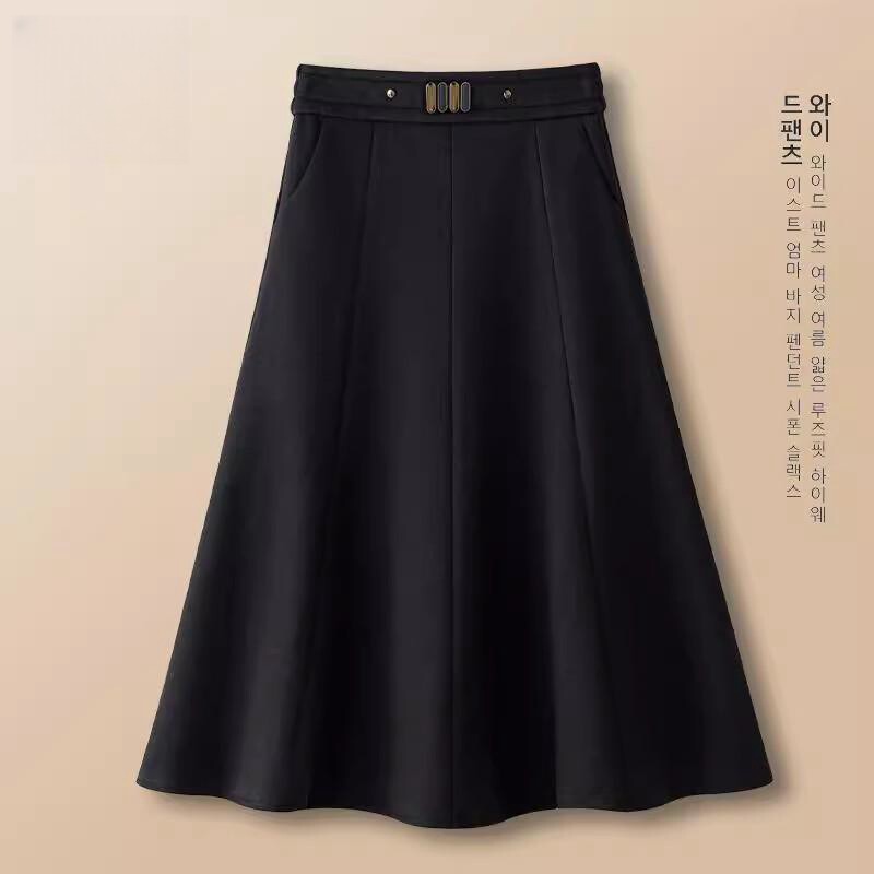 黑色毛呢a字半身裙女2025秋冬季新款高腰显瘦垂坠感大摆中长伞裙