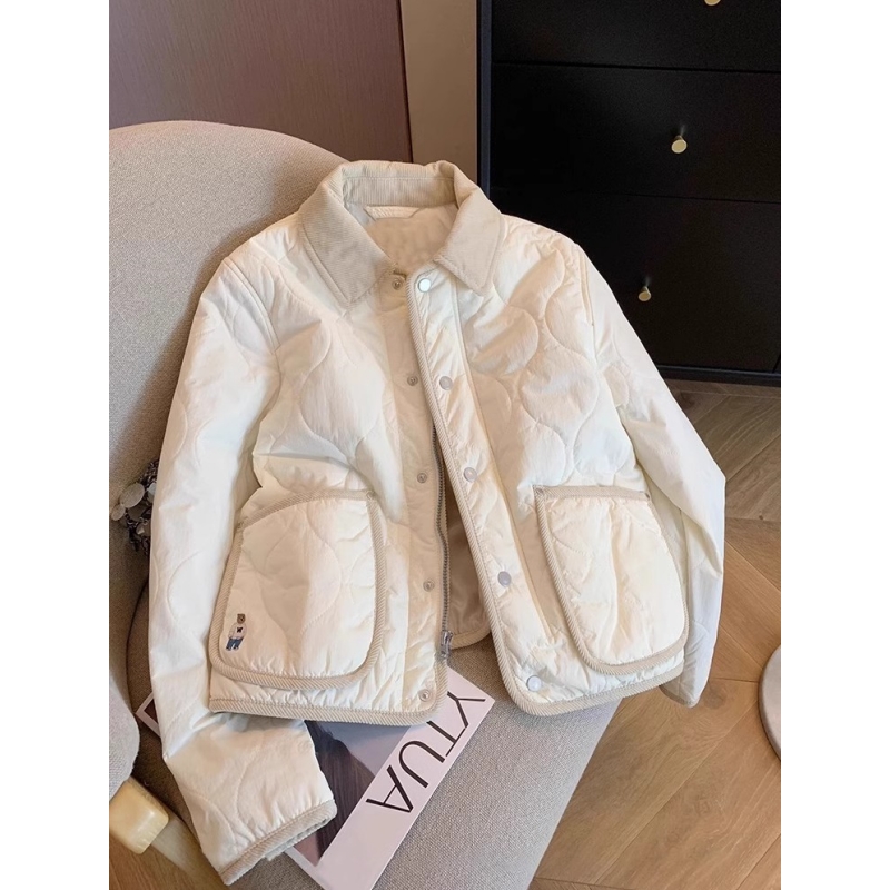 轻薄撞色翻领菱格棉服外套女短款冬季流行风格小个子保暖休闲棉衣