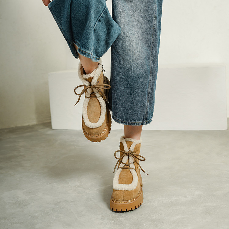 圆头粗跟橡胶冬季人造长毛绒时装靴幕幕吐司高帮博主同款包根匹克