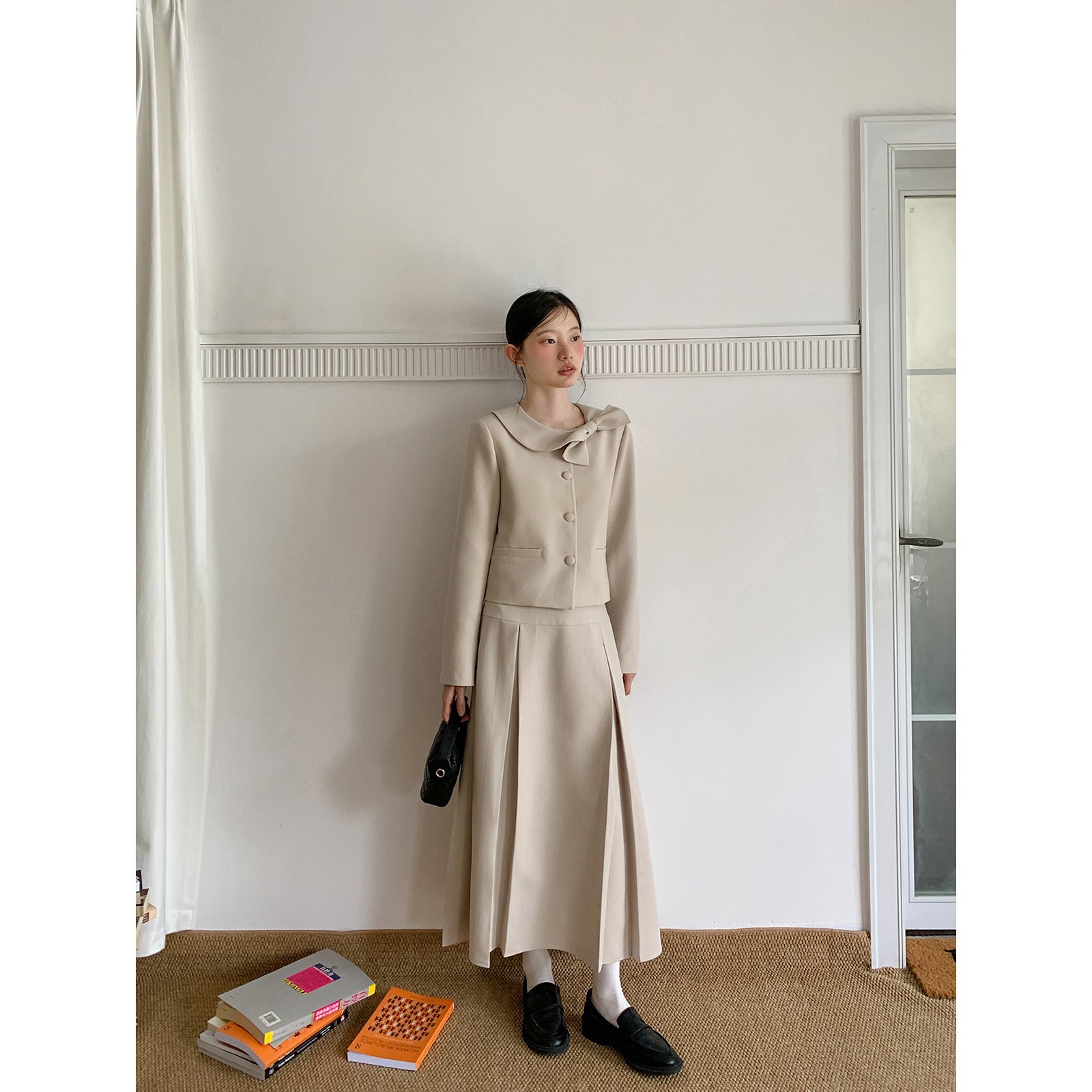 你好卡农 小香风外套半身裙套装女秋季蝴蝶结领上衣百褶裙两件套