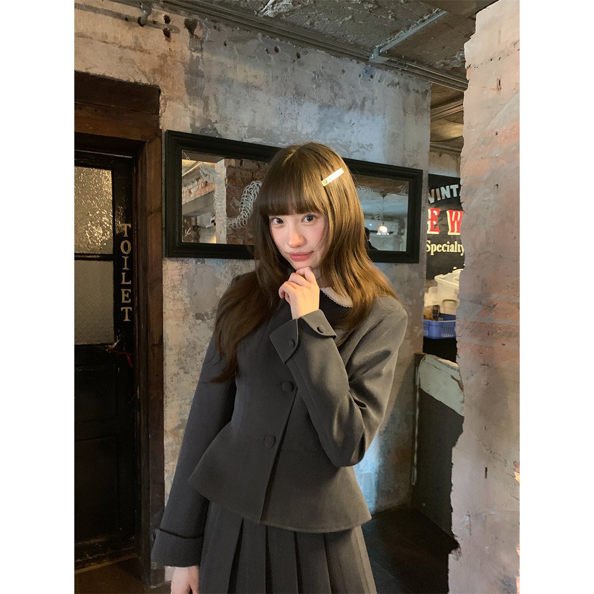 你好卡农 灰色撞色翻领外套半身裙套装女秋季小西服百褶裙两件套