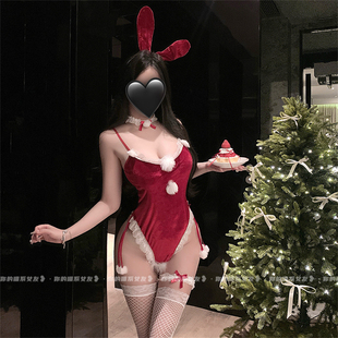 喵：兔兔圣诞夜 新年情调制服趣味连体内衣 圣诞战袍兔女郎cos服装