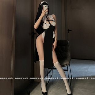 喵：修女服cos连衣裙性感高开叉修身抖音变装制服纯欲镂空旗袍女