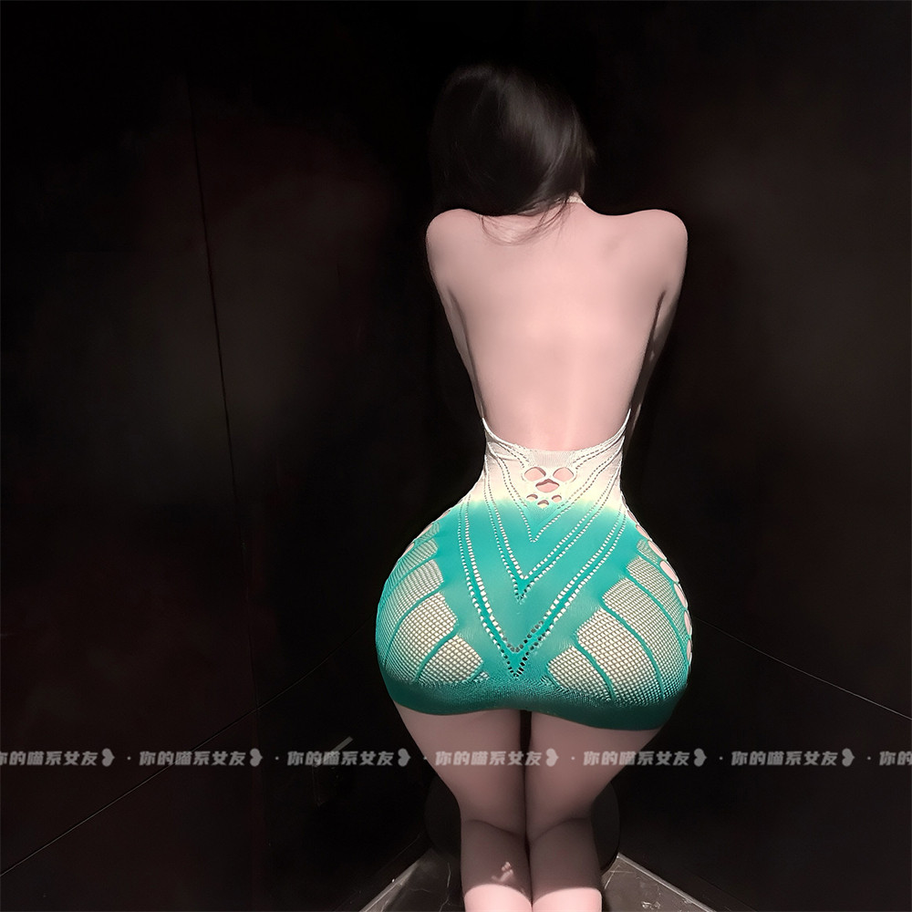 喵：纯欲风高弹网衣热辣包臀裙挂脖镂空可撕扯性感约会制服露背装