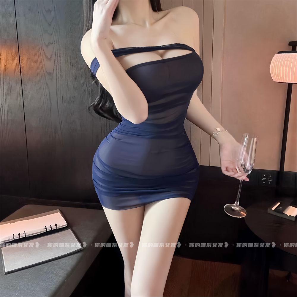 喵：纯欲风性感一字肩连衣裙女网纱透视睡衣情调趣味约会包臀裙女