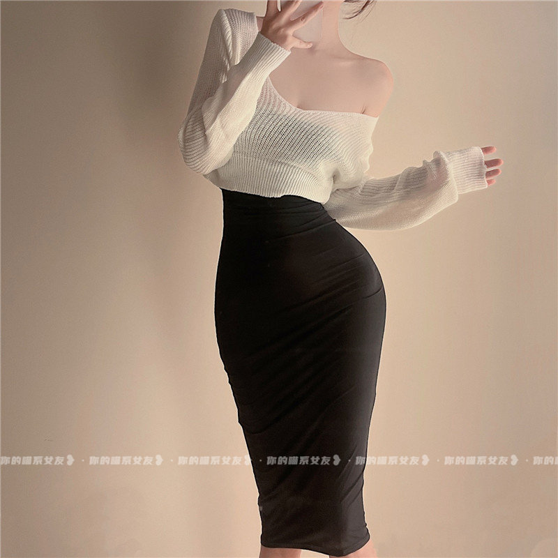 性感露背包臀连衣裙黑色紧身镂空绑带露臀辣妹针织衫套装抹胸睡裙