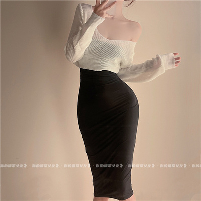 性感露背包臀裙针织衫套装抹胸裙