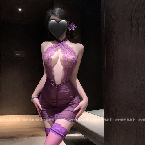 性感睡裙紫色挂脖镂空透视包臀裙