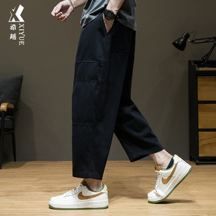 男款 八分裤 春秋纯色直筒裤 胖子夏季 潮 子男春夏宽松大码 拼接休闲裤