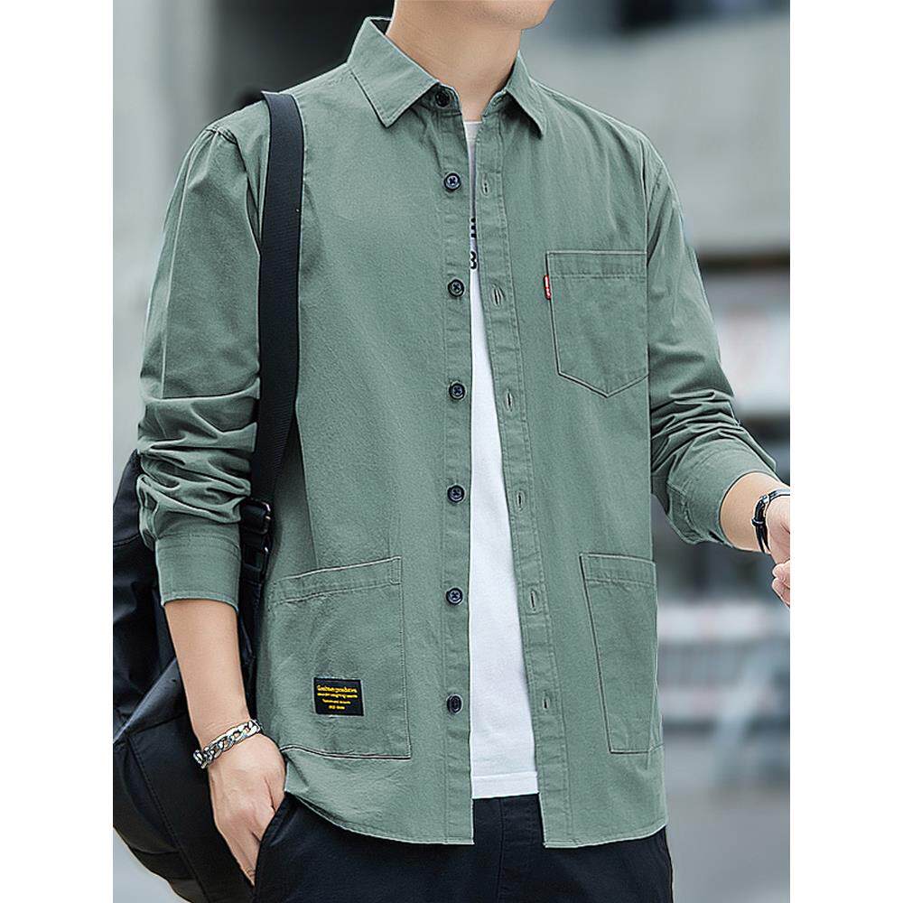 男士衬衫长袖纯棉春秋季工装全棉潮衬衣寸衫外套衣服男装休闲上衣