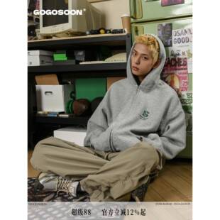 田嘉瑞同款GOGOSOON卫衣男400g新款春秋外套灰色拉链开衫连帽美式