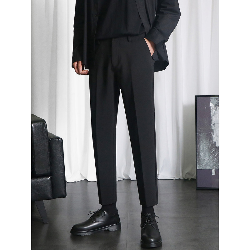 黑色小西裤男冰丝西装裤夏季垂感男裤九分修身直筒休闲裤子男士