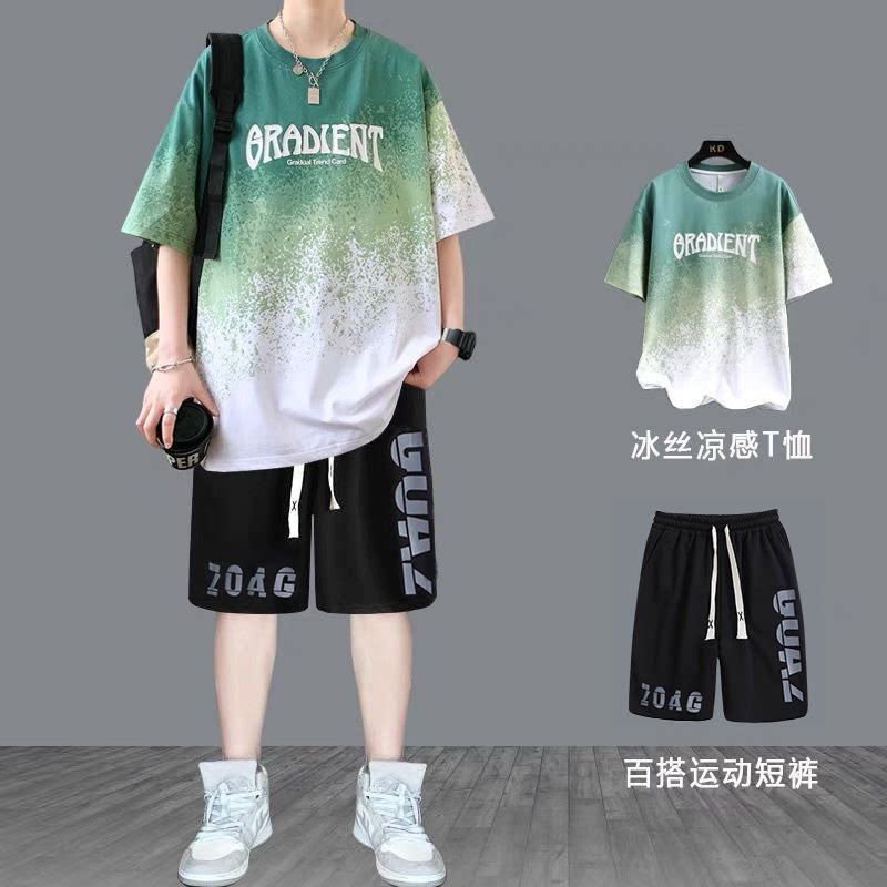 棉凉感短袖t恤男夏季潮牌渐变五分半袖宽松上衣服青少年体恤套装T