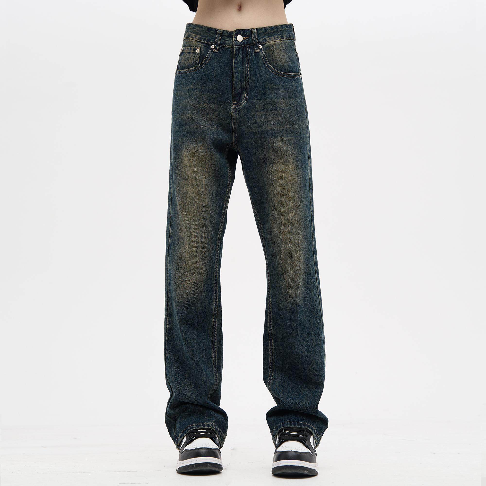 MADWITCH美式水洗怀旧复古蓝牛仔裤男女休闲宽松微喇拖地裤子ins