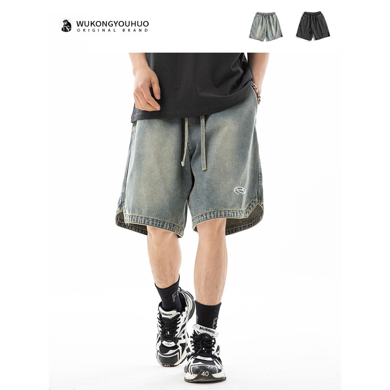 悟空有货美式复古水洗直筒牛仔短裤男潮牌嘻哈街头宽松阔腿五分裤