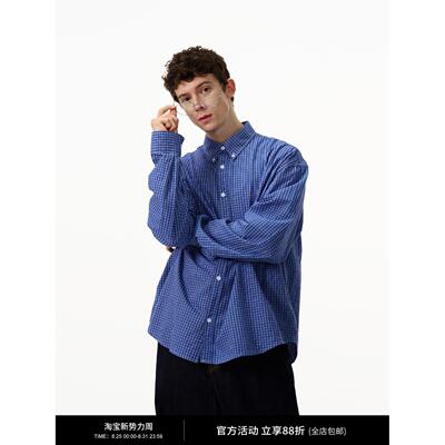 MADWITCH美式复古经典蓝色格子衬衫男女cleanfit休闲高级感衬衣潮