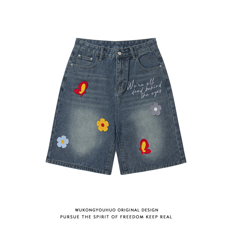 悟空有货复古美式花瓣贴布做旧牛仔短裤男宽松直筒阔腿潮流五分裤