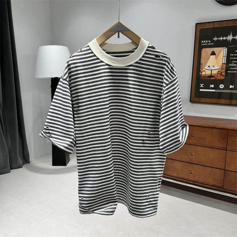 潮牌条纹设计短袖T恤男重磅宽松纯棉半袖潮流休闲百搭破洞五分袖