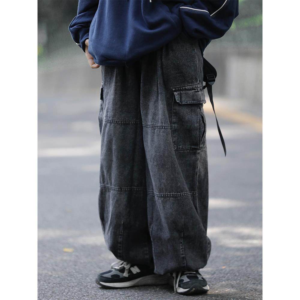 阿于呆日系复古水洗做旧直筒牛仔裤男潮牌宽松阔腿工装休闲长裤女