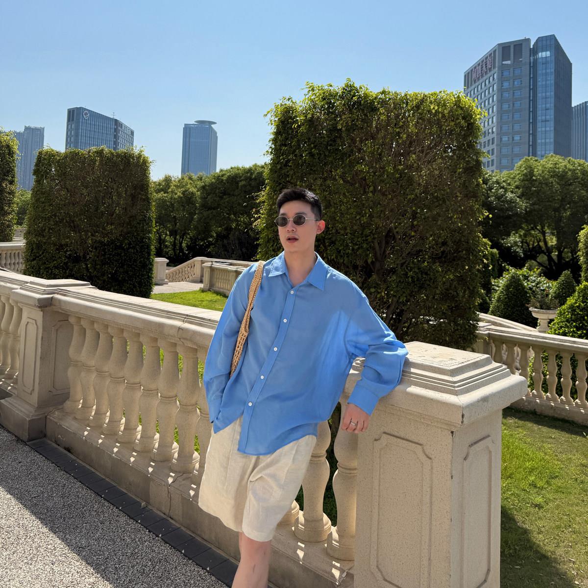 法式复古天丝亚麻透气纯色长袖衬衫男女夏季宽松薄款休闲防晒衬衫