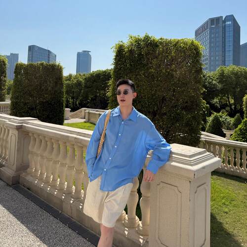 法式复古天丝亚麻透气纯色长袖衬衫男女夏季宽松薄款休闲防晒衬衫