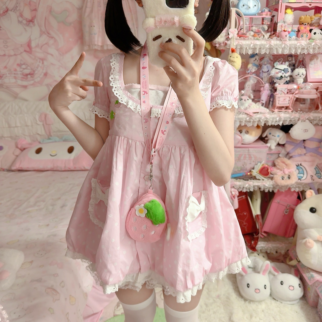 【现货】甜饼集市原创设计 草莓波点兔可爱日系女儿服甜美套装