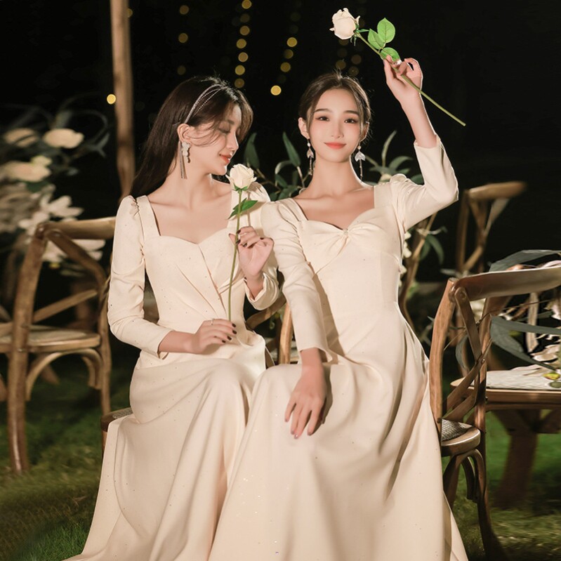 伴娘服2026新款春季缎面仙气显瘦姐妹裙闺蜜伴娘服优雅长袖礼服女