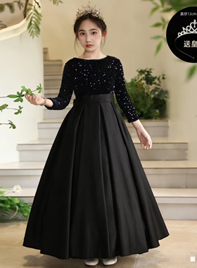 女童黑色长袖亮片连衣裙钢琴演出服主持人走秀舞台装合唱团表演服