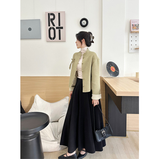 绿色双面羊绒大衣女2025新款秋冬季高端新中式短款小个子毛呢外套