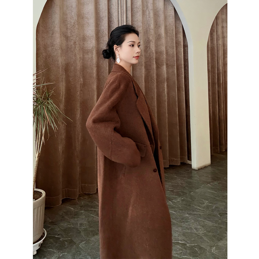 棕色双面羊绒大衣女2025新款秋冬季加厚高级感中长款西装毛呢外套