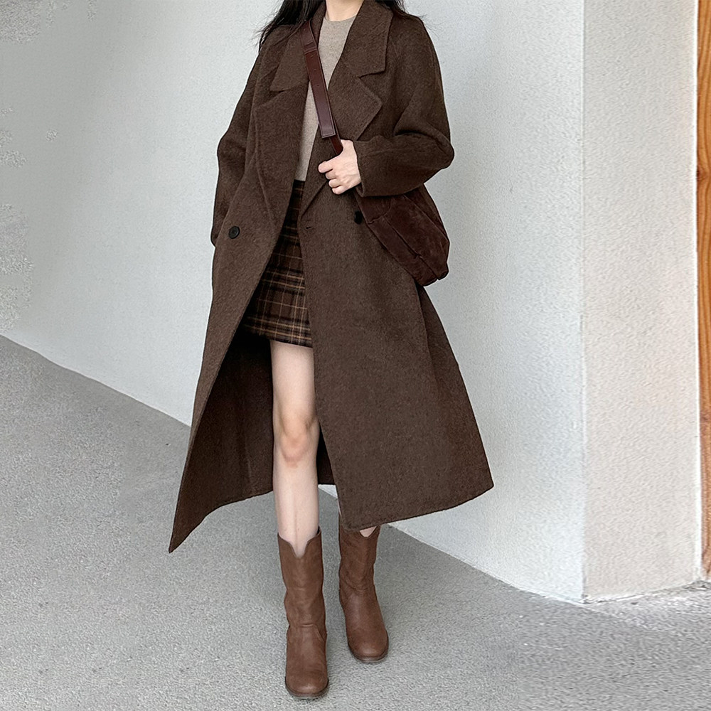 咖色双面羊毛大衣女中长款2025新款冬季加厚小个子羊毛呢西装外套