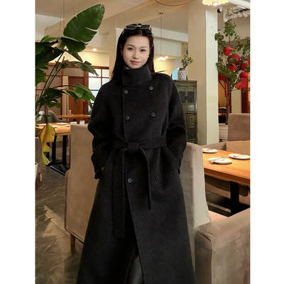 深灰色双面羊绒大衣女小个子立领