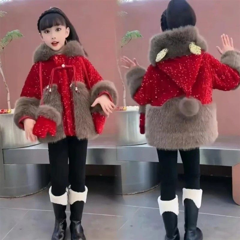 童乐纺女童时尚洋气儿童加绒冬拜年服毛J毛加厚鹿角亮片外套潮