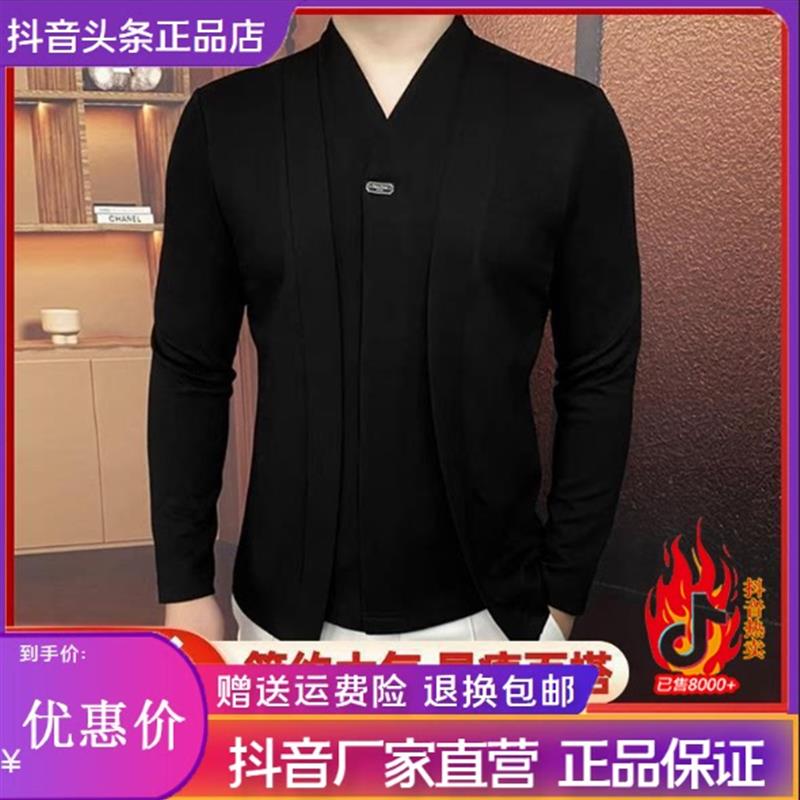 【帅气有型】2026新款轻奢V领假两件上衣高品质假两件黑色卫衣