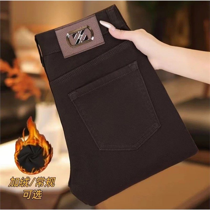 摩画轻奢R男装加绒深棕色男士2025秋冬新款高级保暖小直筒牛仔裤