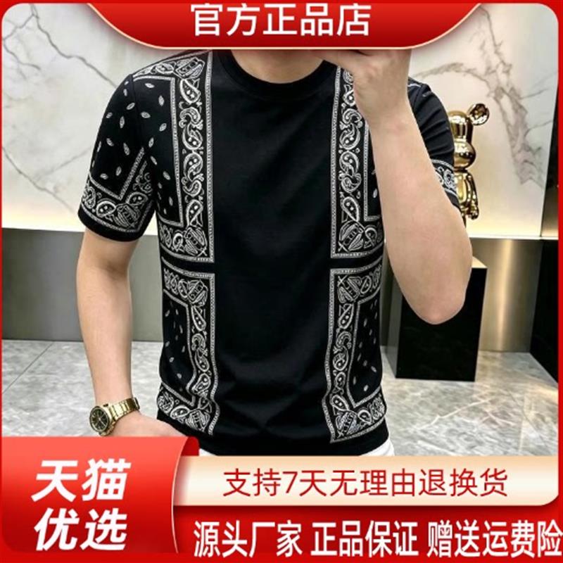 佐罗轻奢Amphelisia男复古印花时尚透气花色圆领修身休闲短袖T恤
