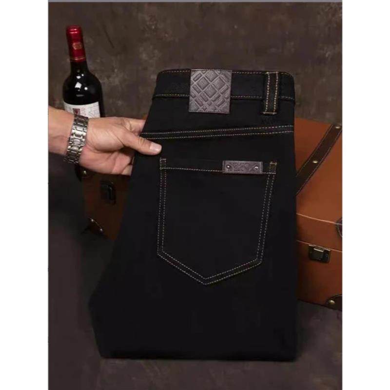 绅度小钱风男装秋冬季高端男士加绒明线修身小直筒牛仔裤